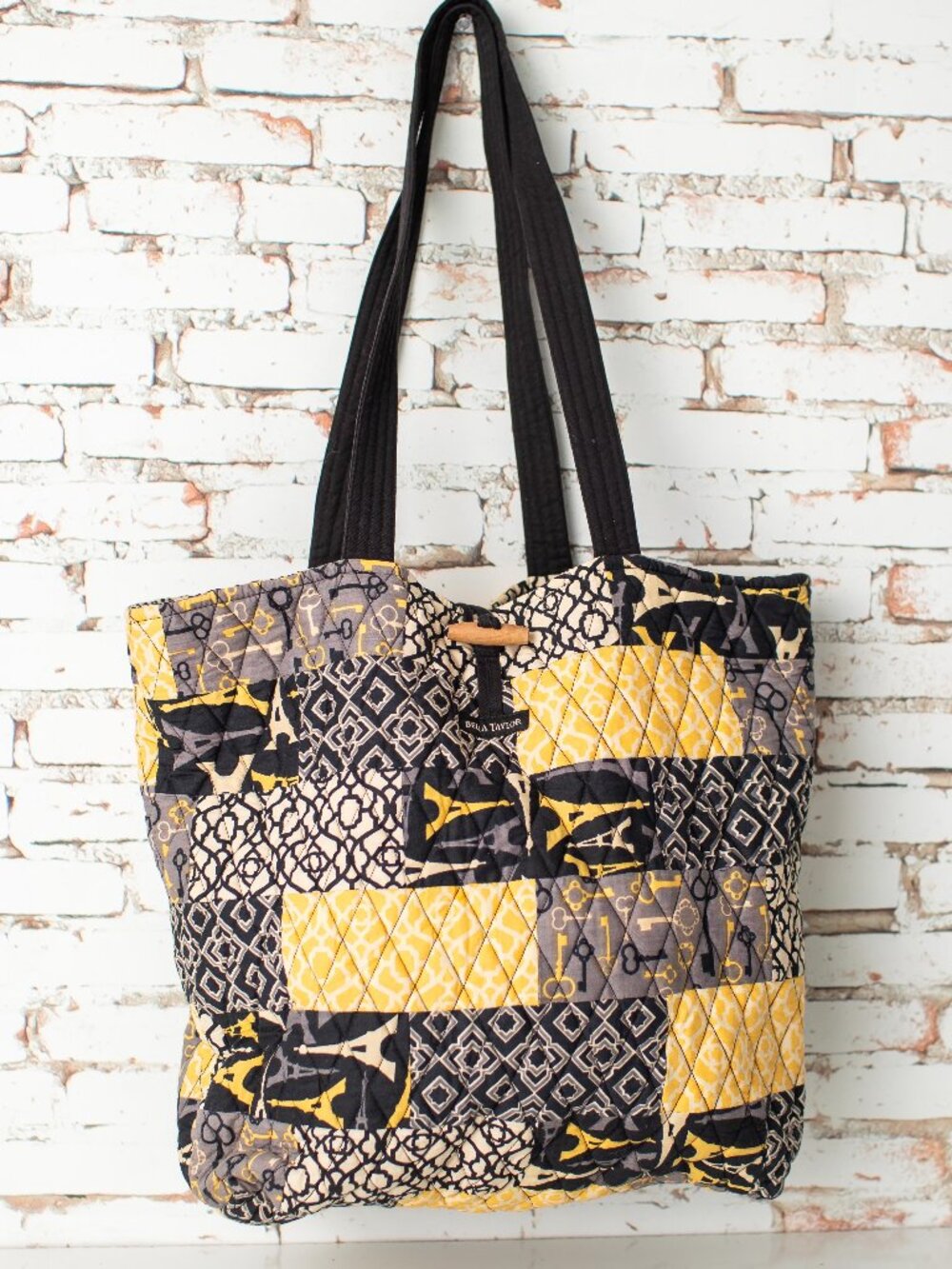 Bella Taylor Eiffel Tower Quilted Shoulder Bag Yellow & Black Patchwork Pattern